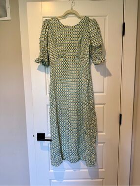 Geo-Print Light Blue and Yellow Midi Dress with Puff Sleeves